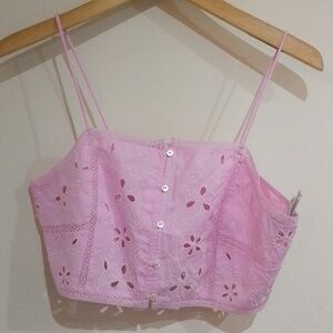 C2 Zara S cropped sheer eyelet and lace  with buttons tank NWOT